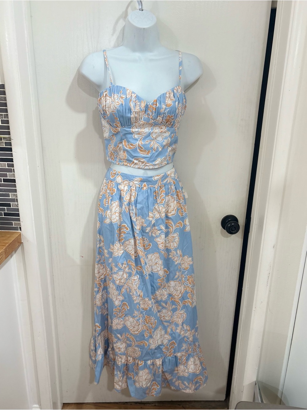 Japna Light Blue & Cream tropical bohemian Floral Maxi Two-Piece Set